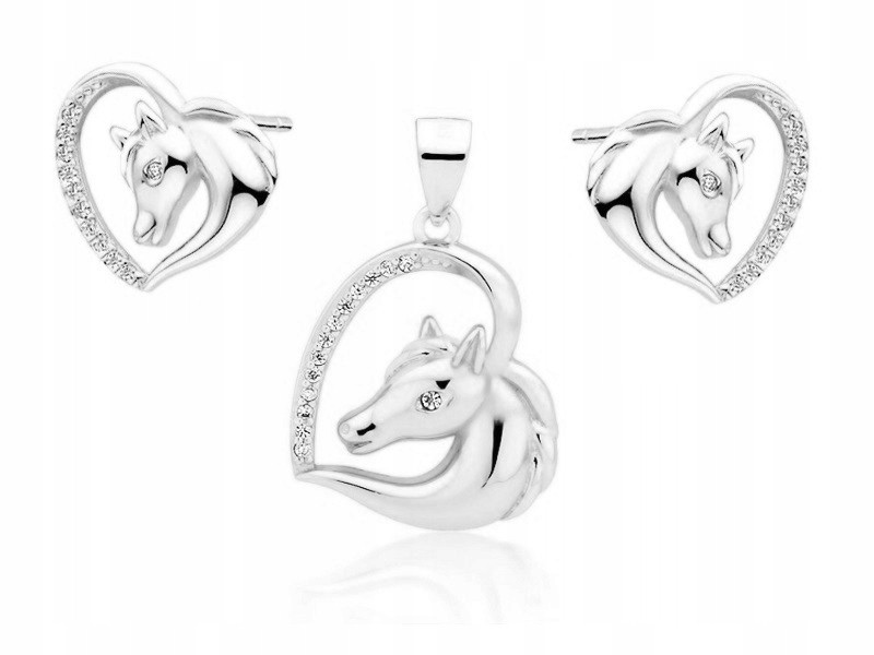 

Srebrny Komplet Serc Z Koniem Cyrkonie Heart Horse