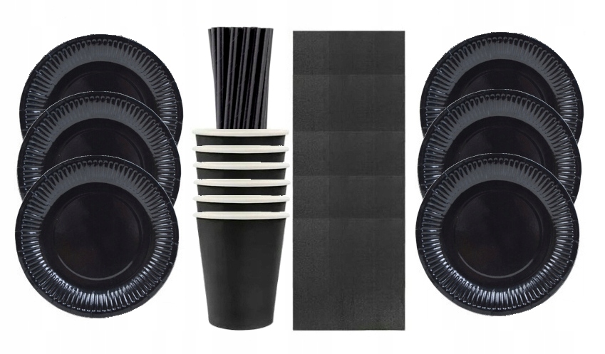 Zestaw kubki talerzyki urodziny papierowe czarne kubeczki sylwester słomki