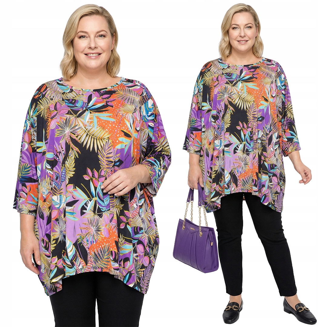 Fialová tunika vzor barevné listy plus size velikost 52/54