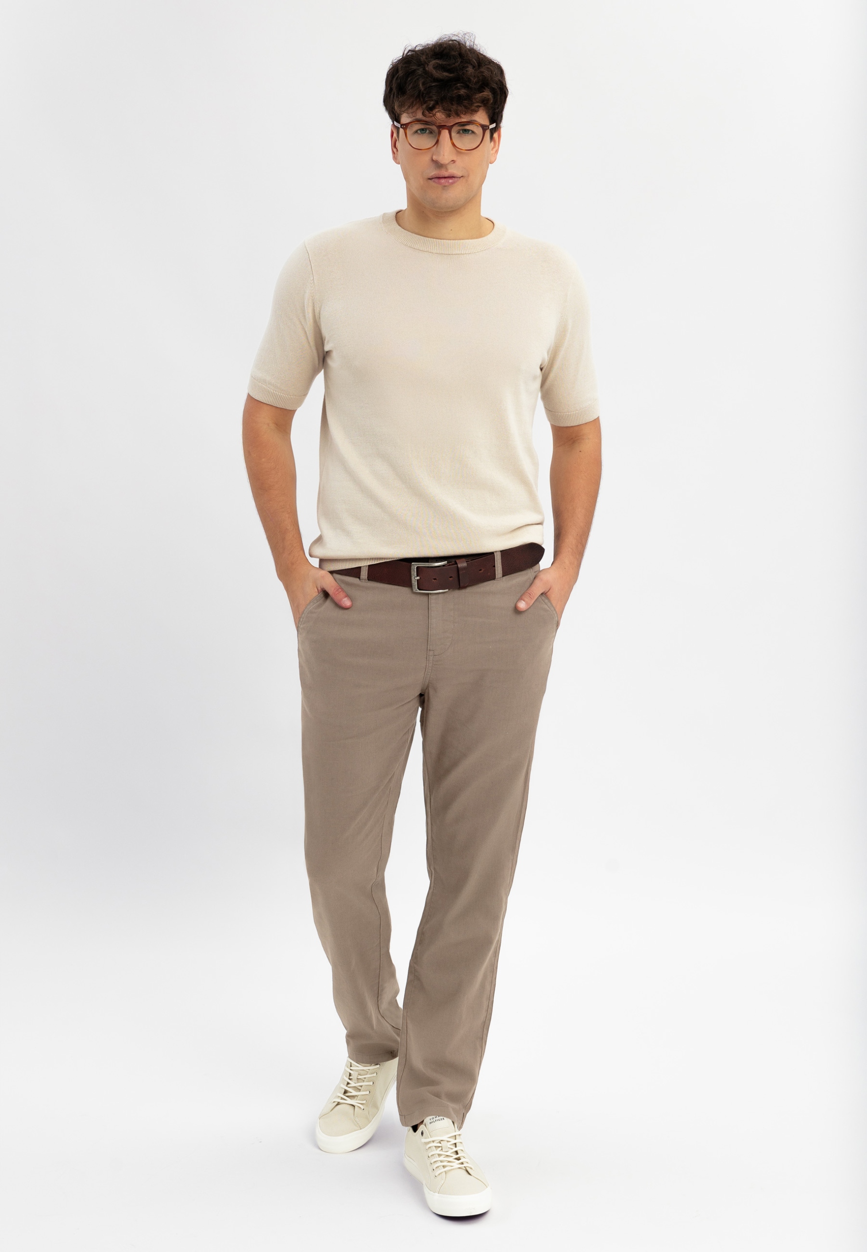 Ęskie Spodnie Materiałowe Casual Chinos Brązowe Volcano R-marshall 34-32