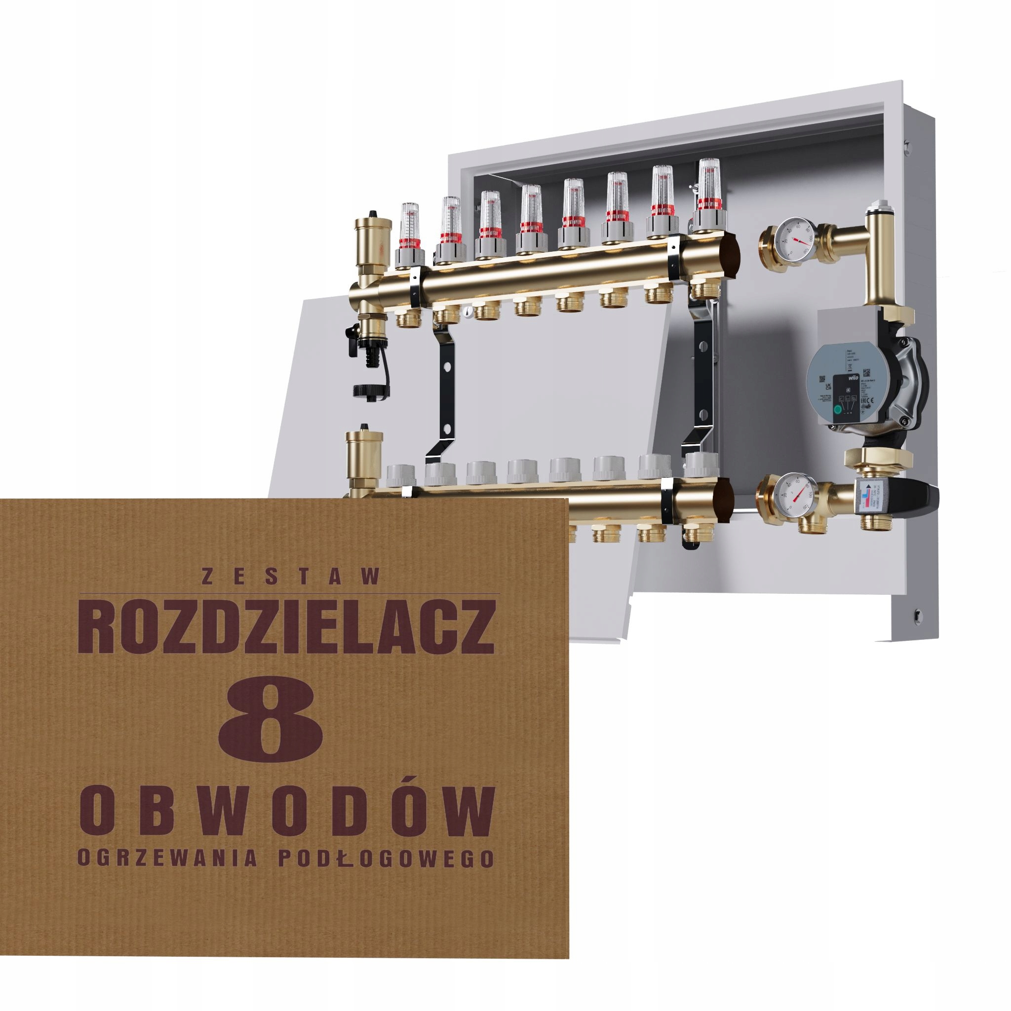 Rozdělovač pro podlahu 8 okruhů s skupinou Wilo podomítková skříňka