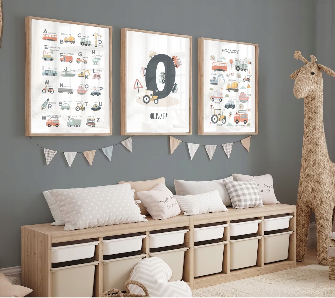 ZESTAW 3 PLAKATY 50x70 ALFABET SAMOCHODY AUTA KOPARKA TRAKTOR SAMOLOT BOHO Marka inna marka