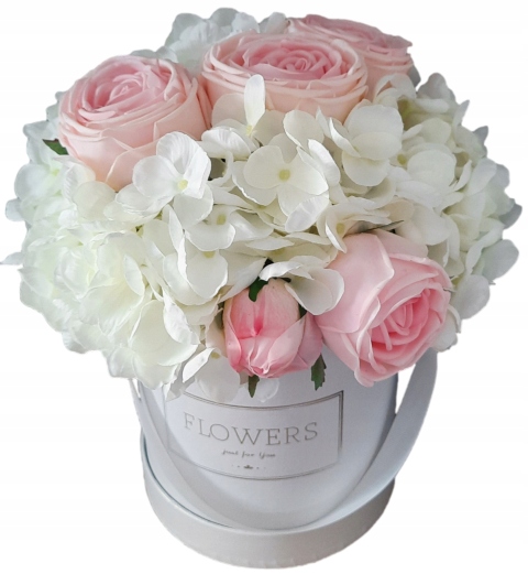 Flower Box biele Hortenzie svetloružové gumové ruže guma ruža aranžmán