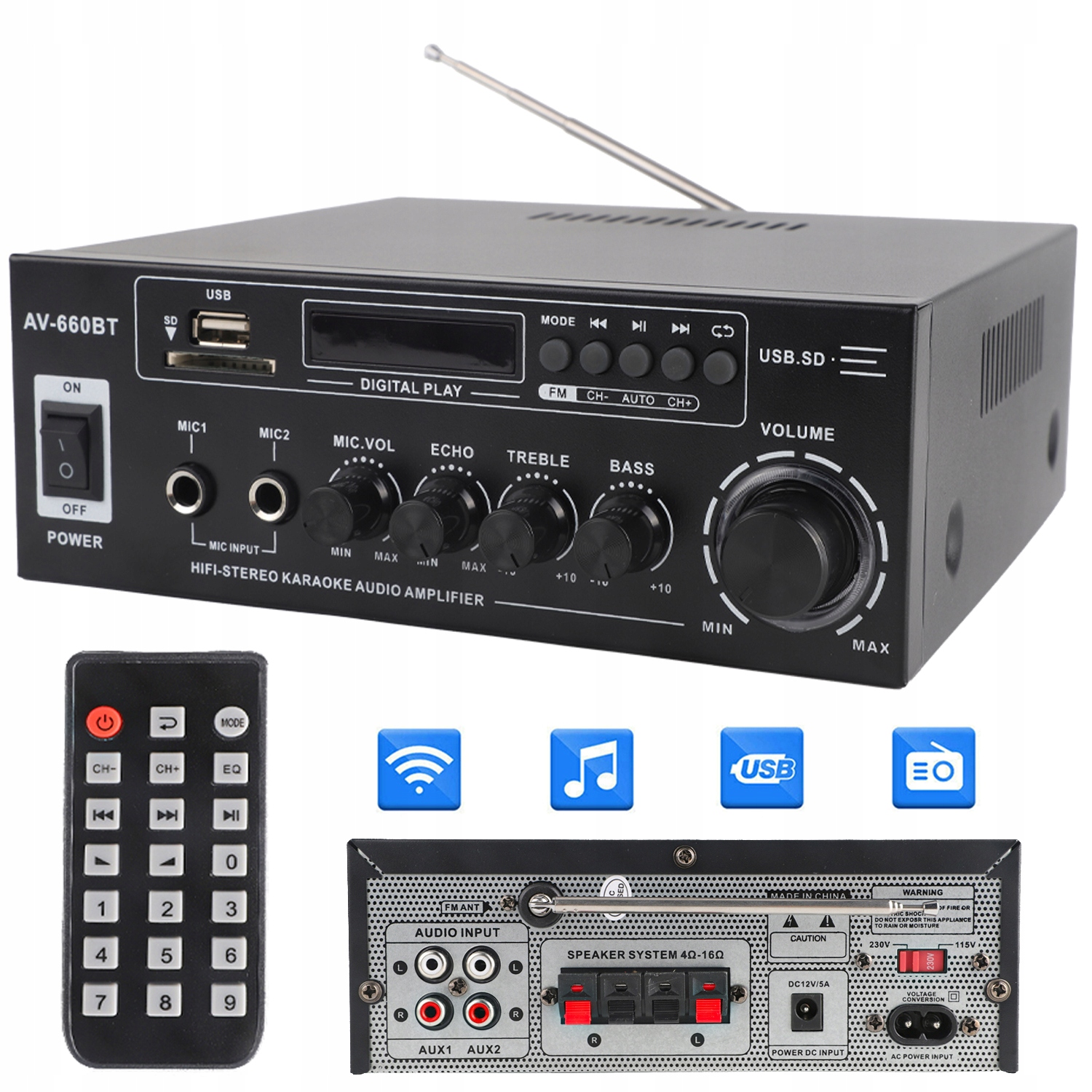 Digitální Zesilovač Hifi Zesilovač AV-660BT Bluetooth 5.0 Kanál 2.0 S Dálkovým Ovládáním