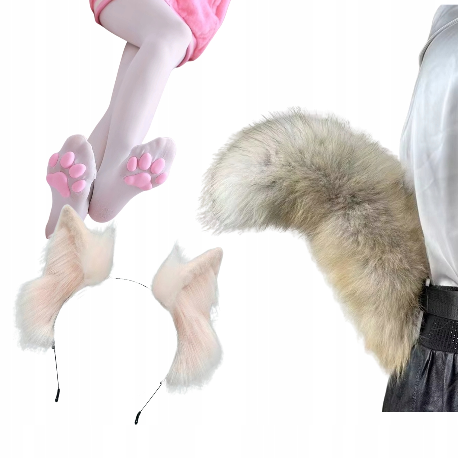 Sada Kostým Kožešinový Ocas Uši Zavinovačky Kočka Liška Cosplay Furry Béžová