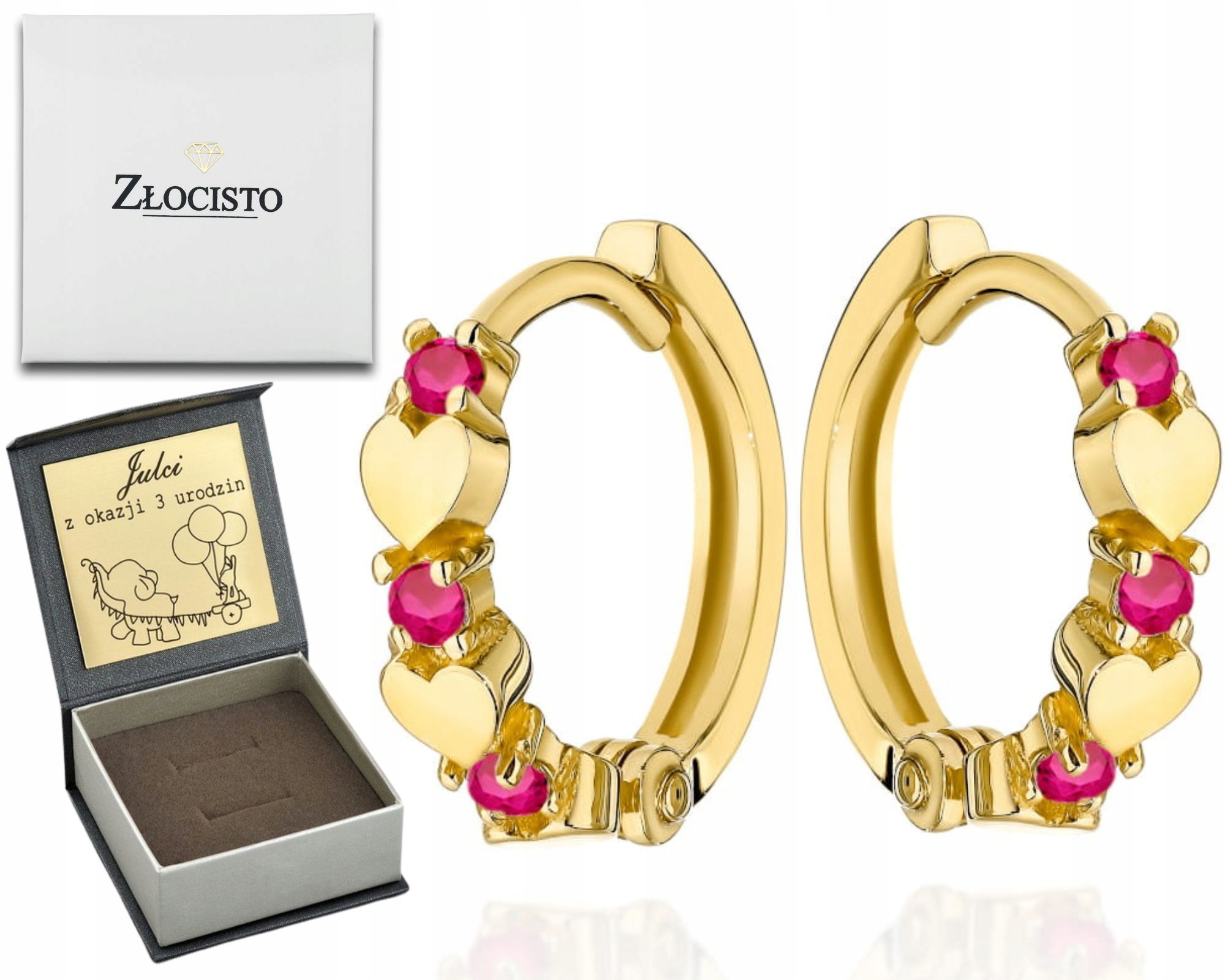 Zlaté Náušnice Srdíčka S Fuchsiovými Zirkony 585