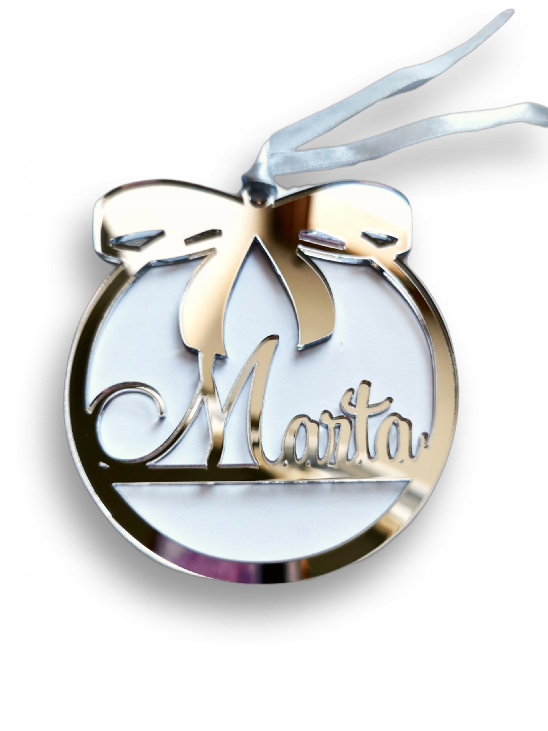 BOMBKA na choinkę srebrna PERSONALIZOWAN IMIĘ LOGO