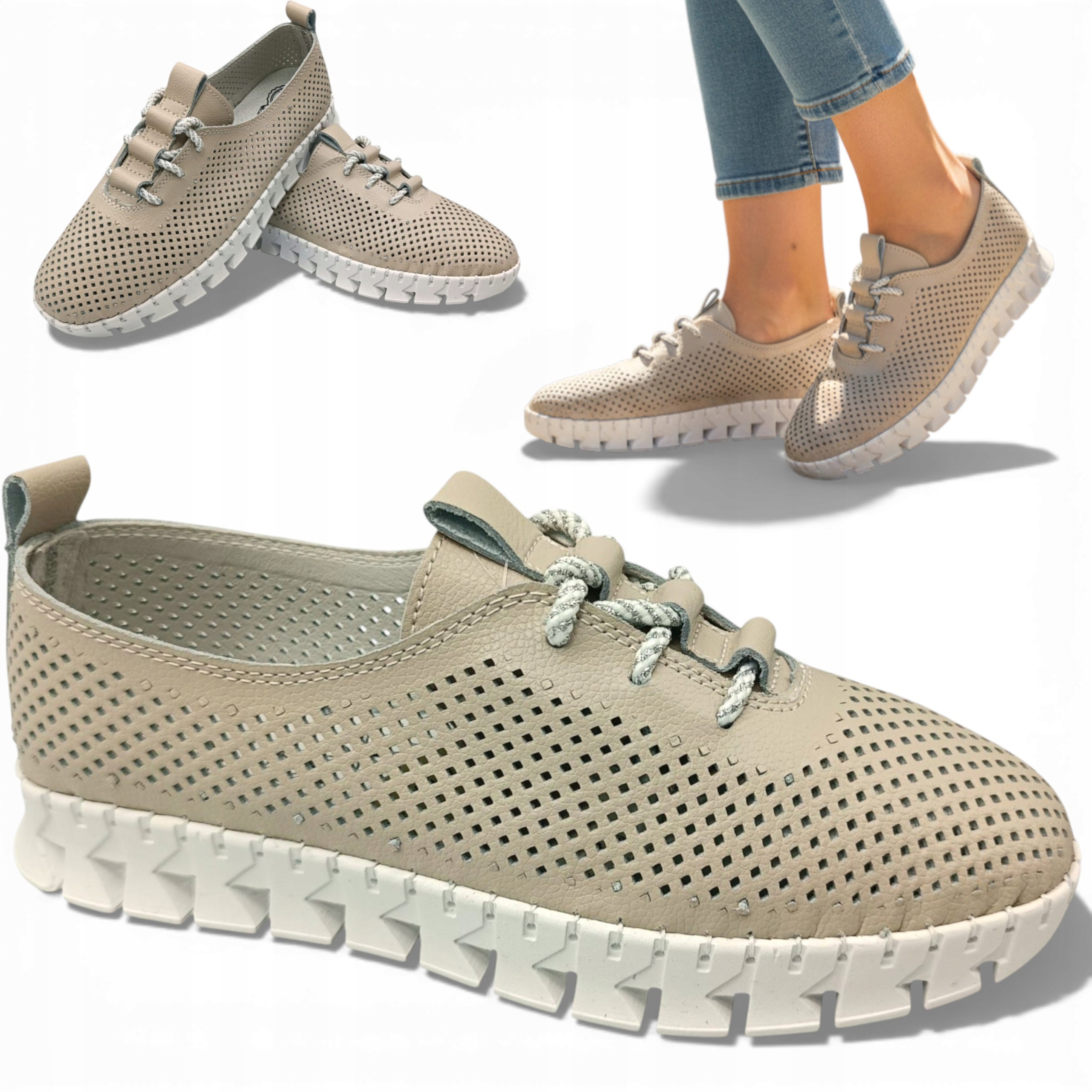 Dámské kožené tenisky 41 Pohodlné polobotky Lehké ažurové Béžové Evento