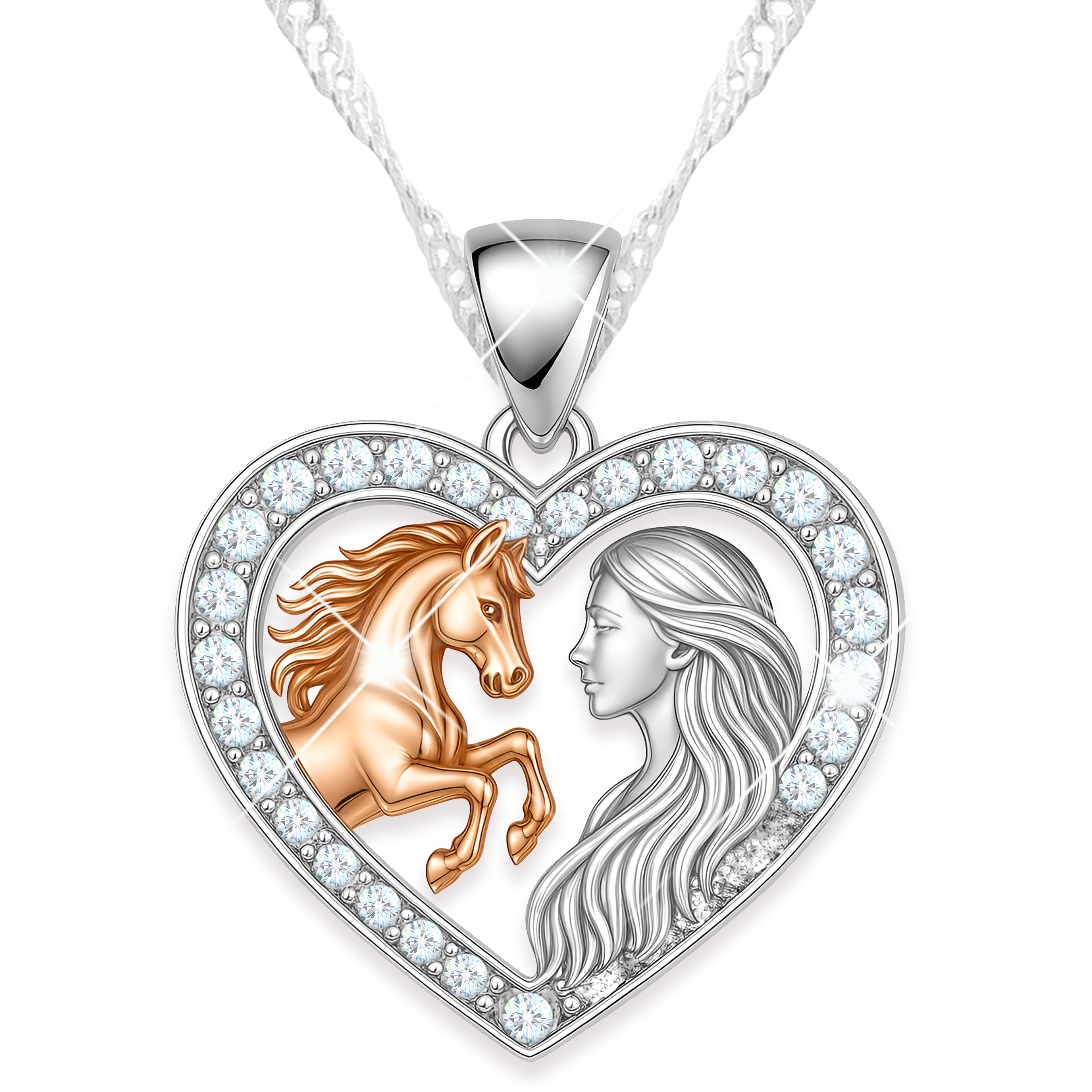 Stříbrný náhrdelník Srdce Žena s koněm Pozlacený kůň Zirkony Stříbro 925
