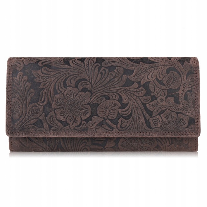 Portfel skórzany damski w kwiaty vintage Rfid modny brązowy Paolo Peruzzi