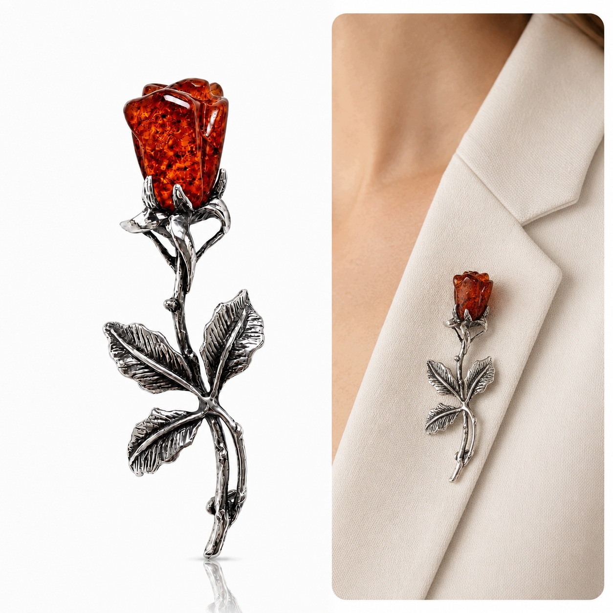 Elegantní brož stříbrná růže koňakový jantar do šátku pro ženy