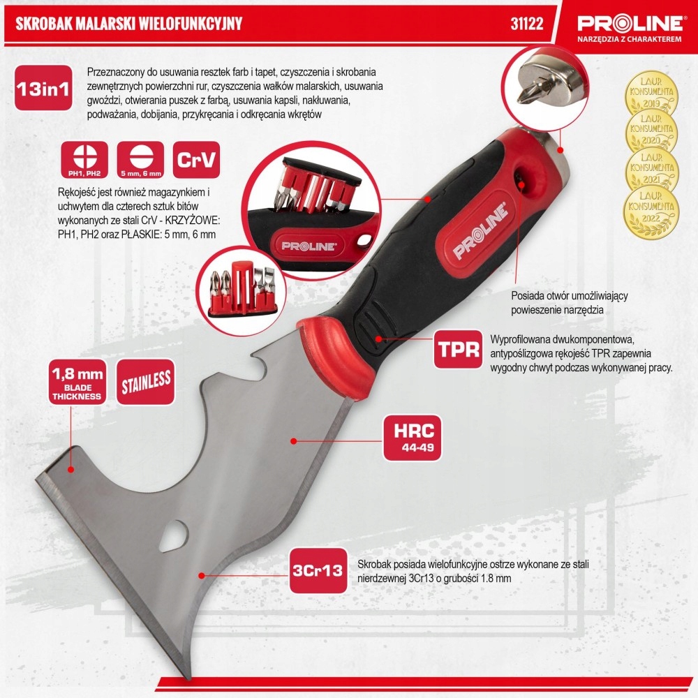 SKROBAK WIELOFUNKCYJNY,STAL NIERDZ. 1.8MM,UCHWYT T Szerokość 75 mm