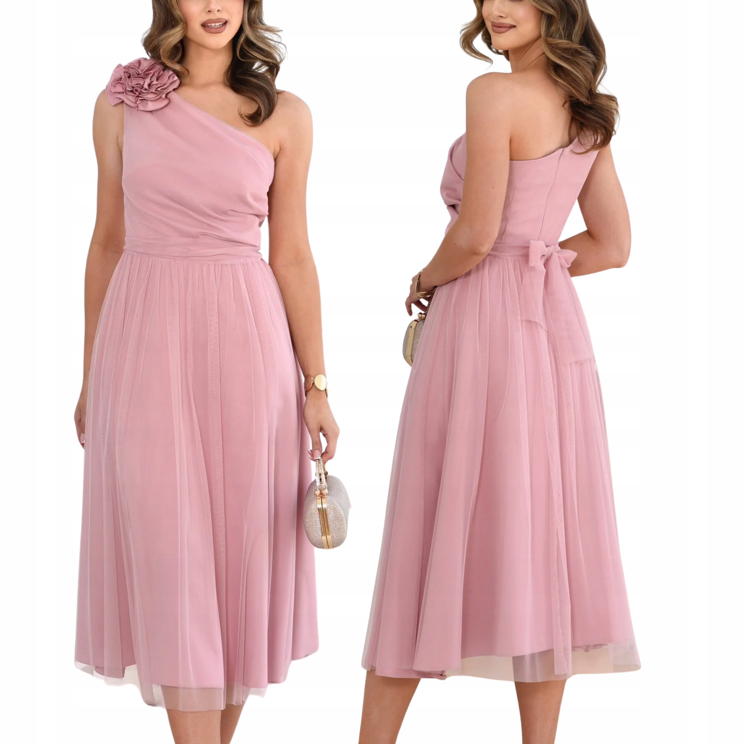 Sukienka MIDI Tiulowa Z Kwiatem Na Komunię Wesele Pudrowy Róż rozmiar 44