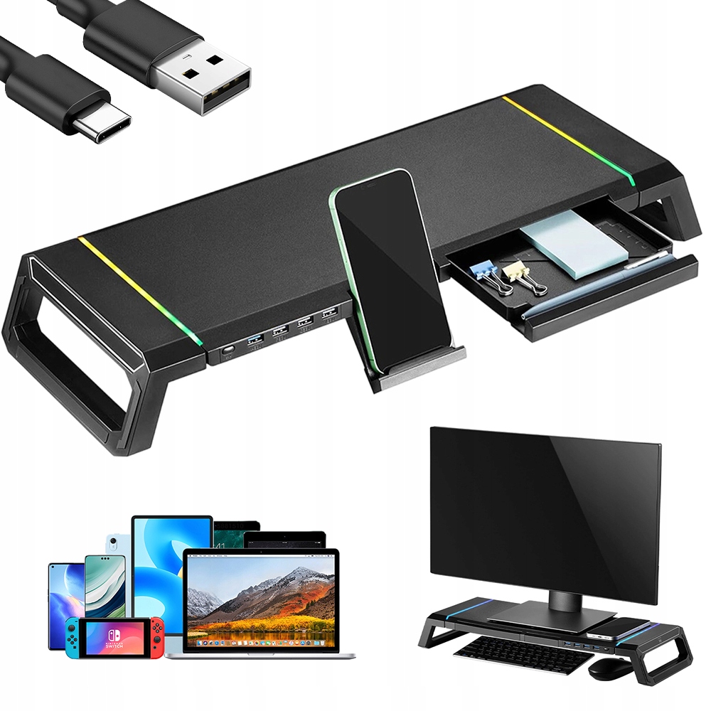 Podstawka Półka Pod Monitor Czarna Organizer Na Biurko