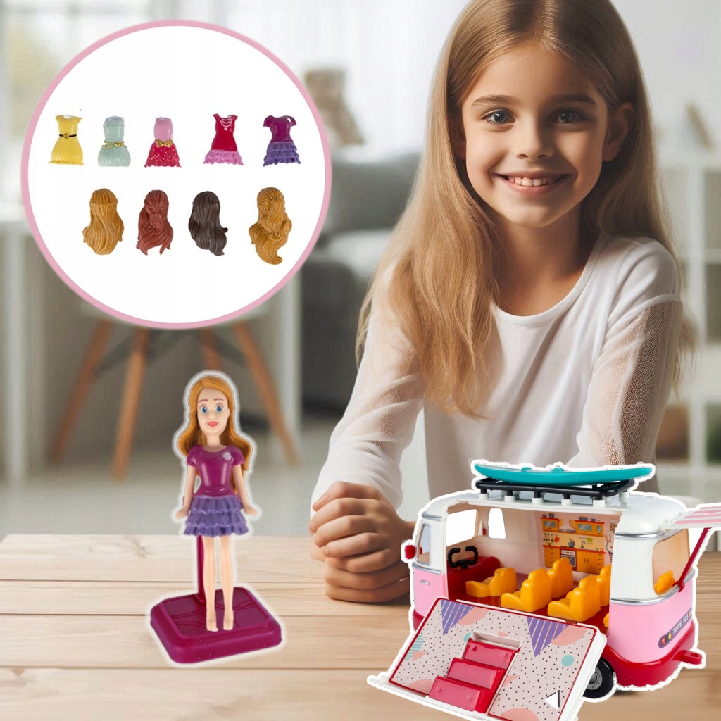 Kamper WIELKIE AUTO Autobus z Przyczepką Lalek Rozkładany Otwierany Domek Materiał plastik