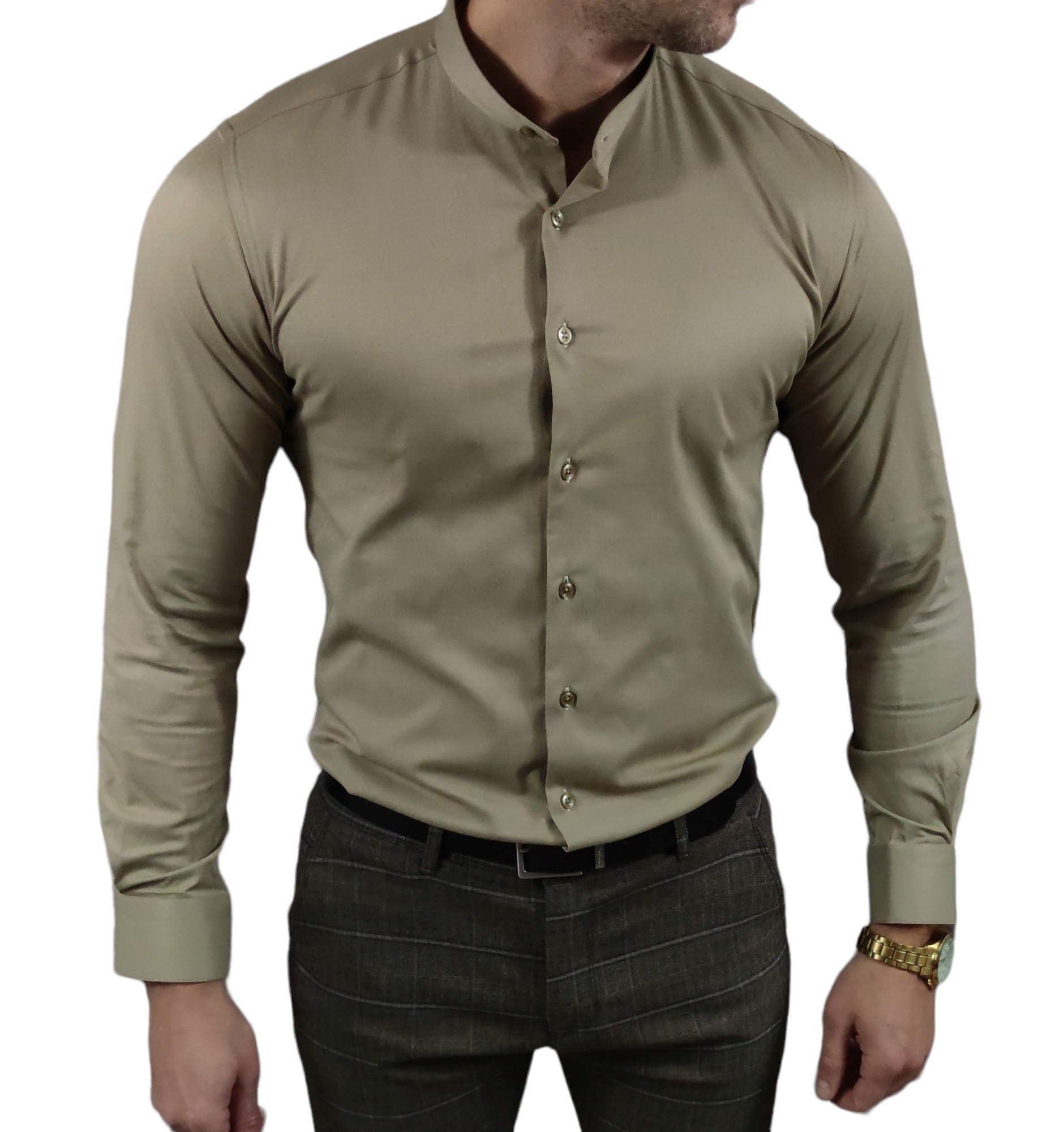 Koszula ze stójką slim fit beżowa ESP013 M