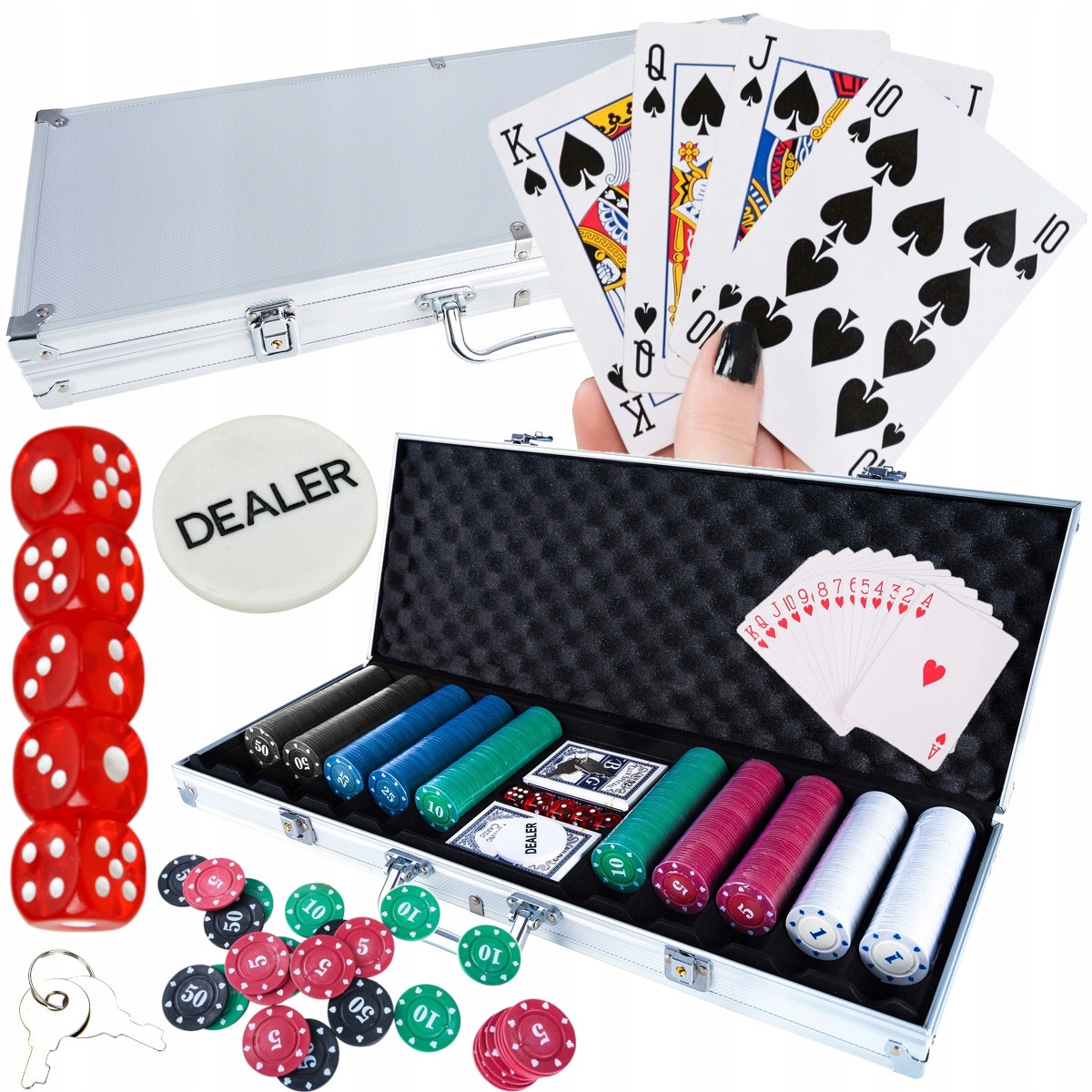 Zestaw Do Pokera Texas 500 Żetonów Gra Poker Karty Kości Mocny Walizka