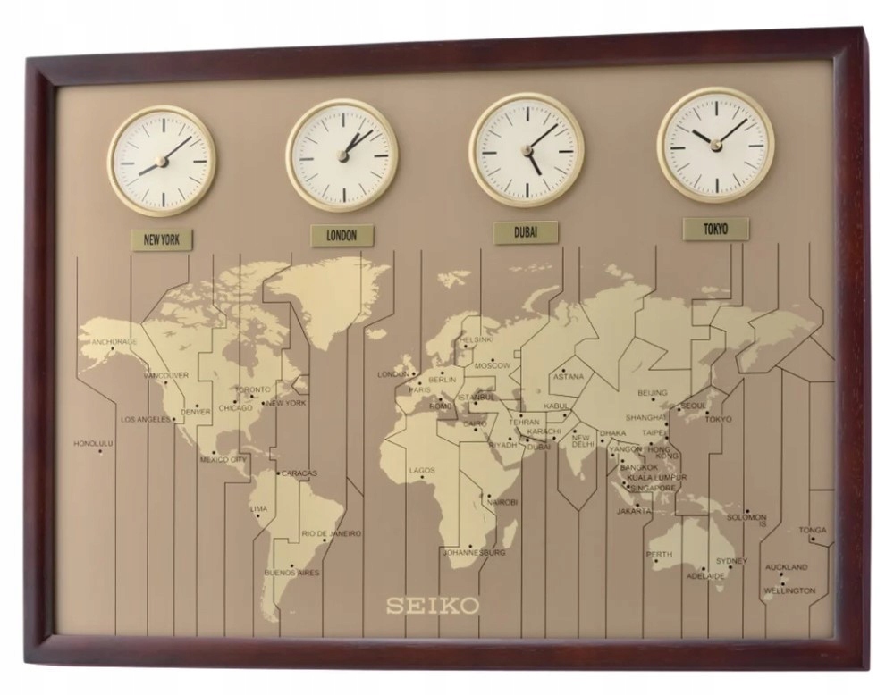 Drewniany poczwórny Zegar ścienny Seiko QXA722B 60x45 cm strefy czasowe