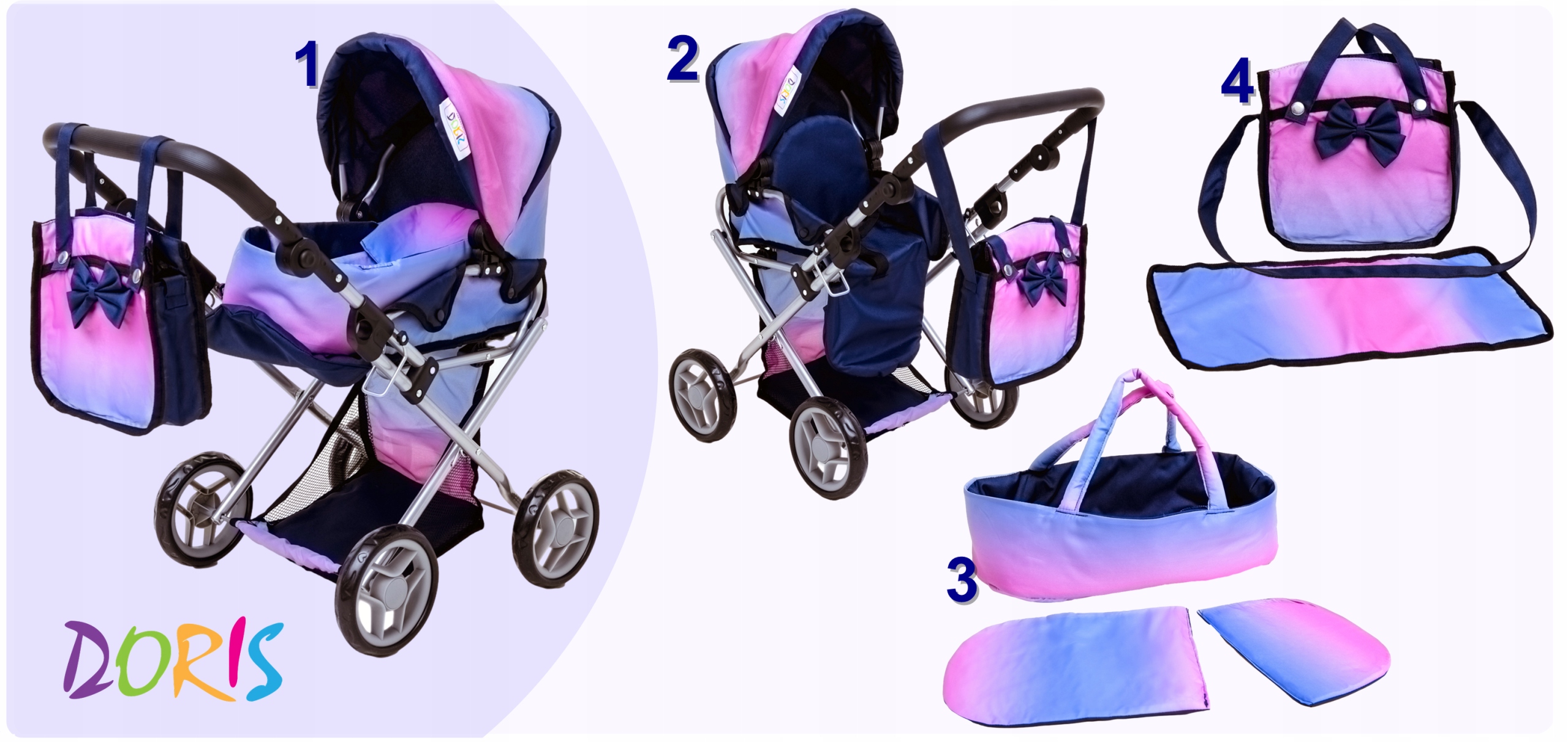 Wózek dla lalek 3w1 GONDOLA + SPACERÓWKA pościel torba przewijak dla lali Kod producenta Głęboki nosidło wózek spacerowy Rainbow Doris