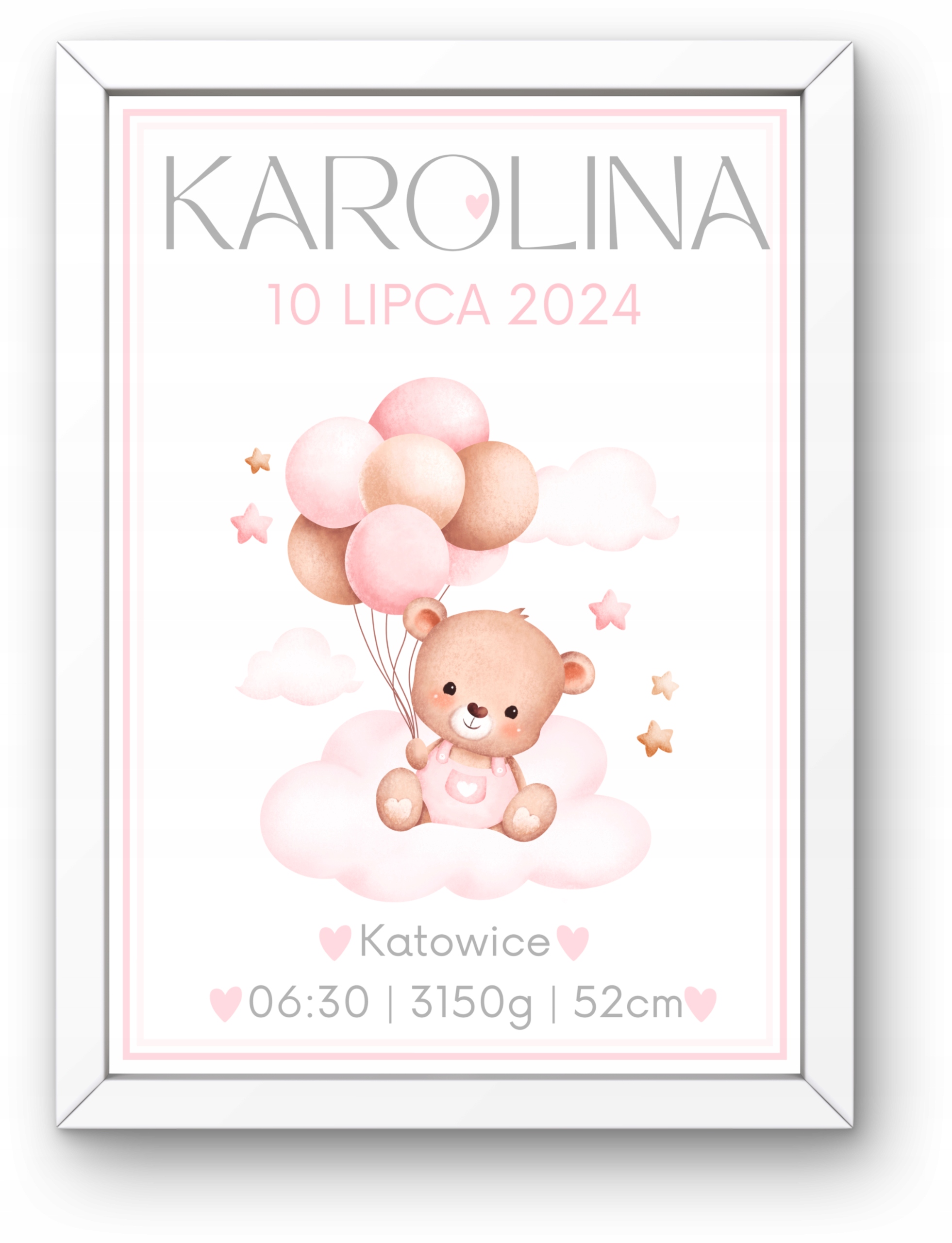 METRYCZKA dla dziewczynki PLAKAT RAMKA RÓŻNE WZORY Narodziny Chrzest Roczek