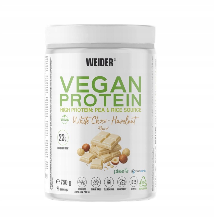 Weider Veganský protein, příchuť bílá čokoláda s lískovým oříškem, prášek, 750 g