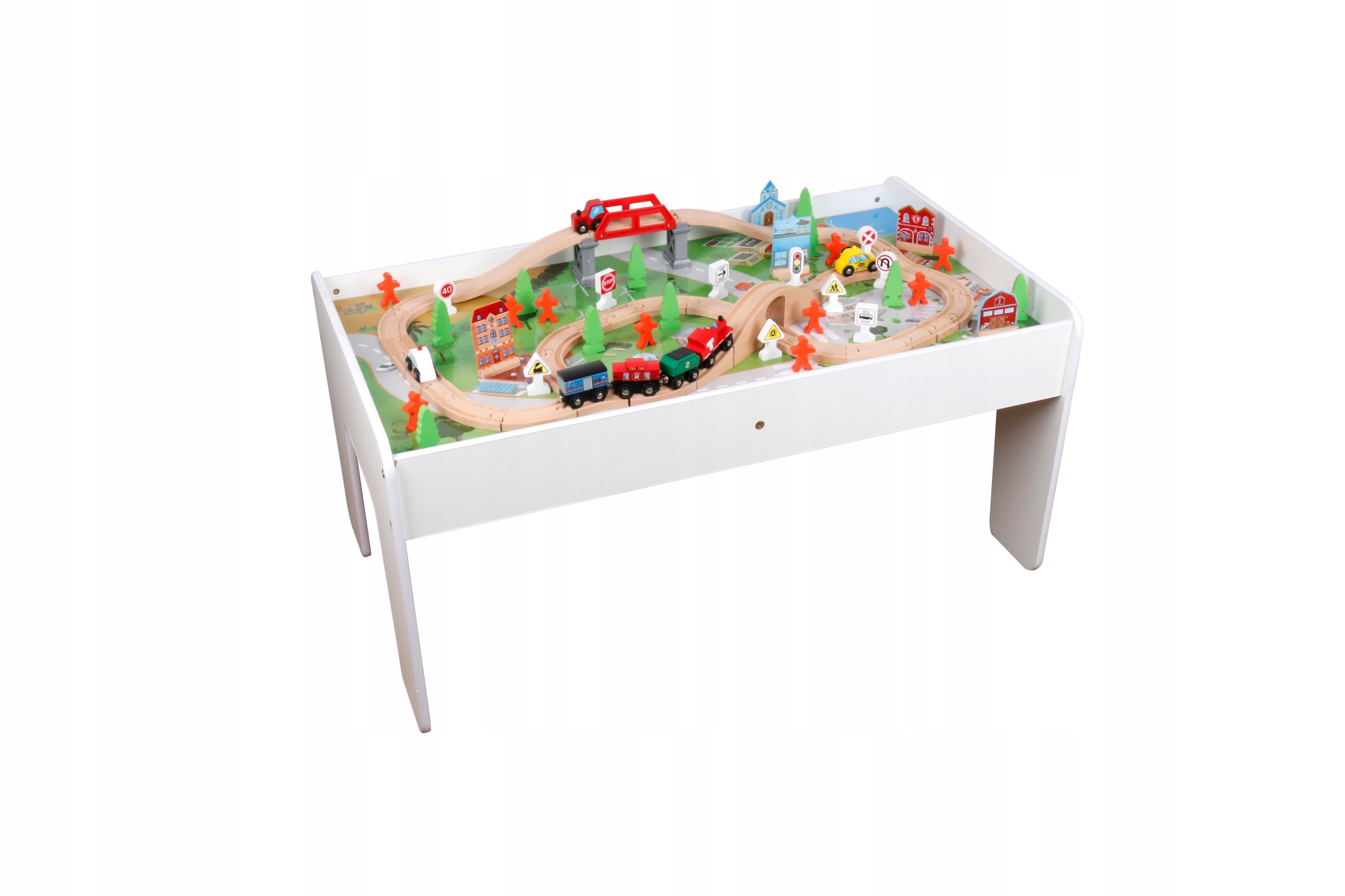 KOLEJKA DREWNIANA POCIĄG Z WAGONAMI + MIASTO I STÓŁ DO ZABAWY 90 elementów Płeć chłopcy dziewczynki unisex