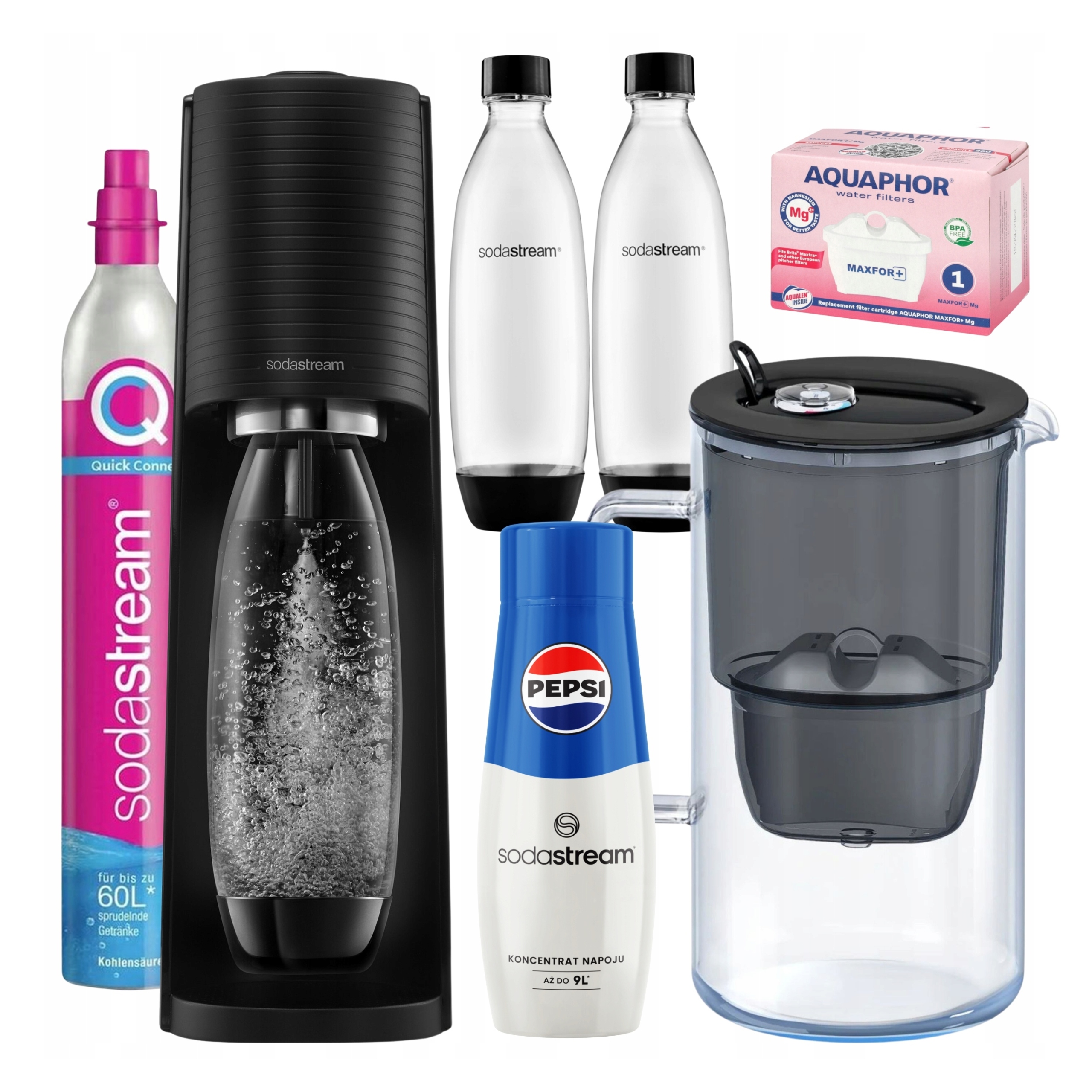 Sada Výrobník Sody Sodastream Terra, Pepsi, filtrační konvice Aquaphor Glass