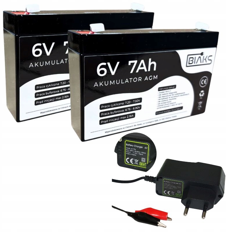 Set 2x Akumulátor Agm 6V 7Ah Biaks (rozměr 7.2Ah) nabíječka 6V Pw