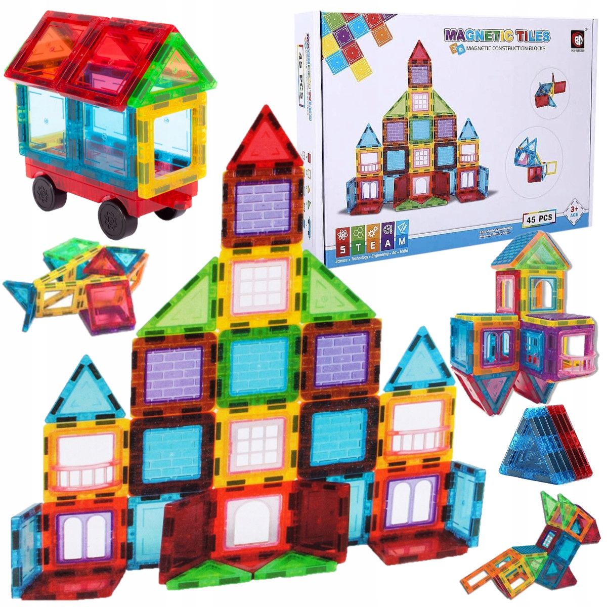 KLOCKI MAGNETYCZNE KONSTRUKCYJNE 3D DUŻE PANELE MEGNETIC TILES 45 elem. Kod producenta Y277