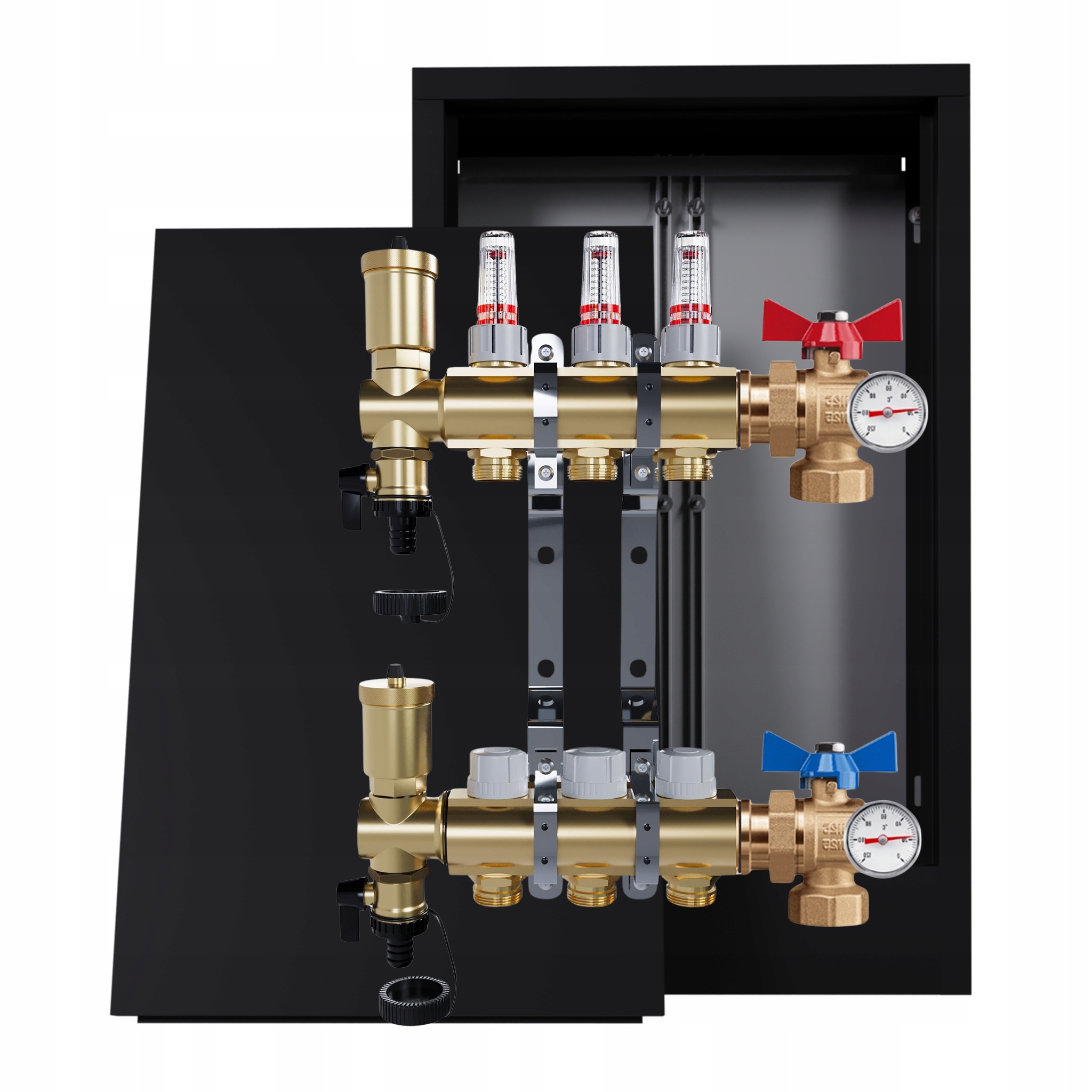 Rozdělovač Pro Podlahovou Krytinu 3 Okruhy Ventily Nástěnná Skříňka Černá