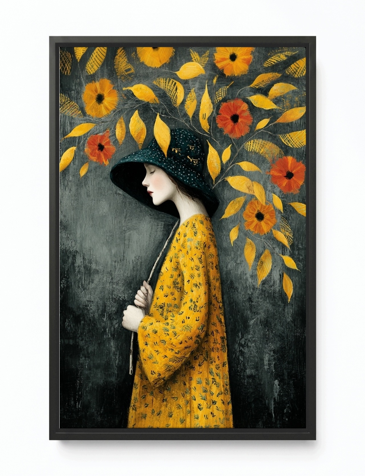 Obraz Rám Americký Box Grafika Portrét Žena Podzim Květiny Listy 40x60