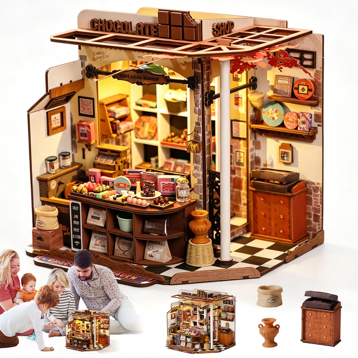 Model 3D Domek Diy Miniaturowy Drewniany Led Cukiernia Lalek 330EL. Puzzle