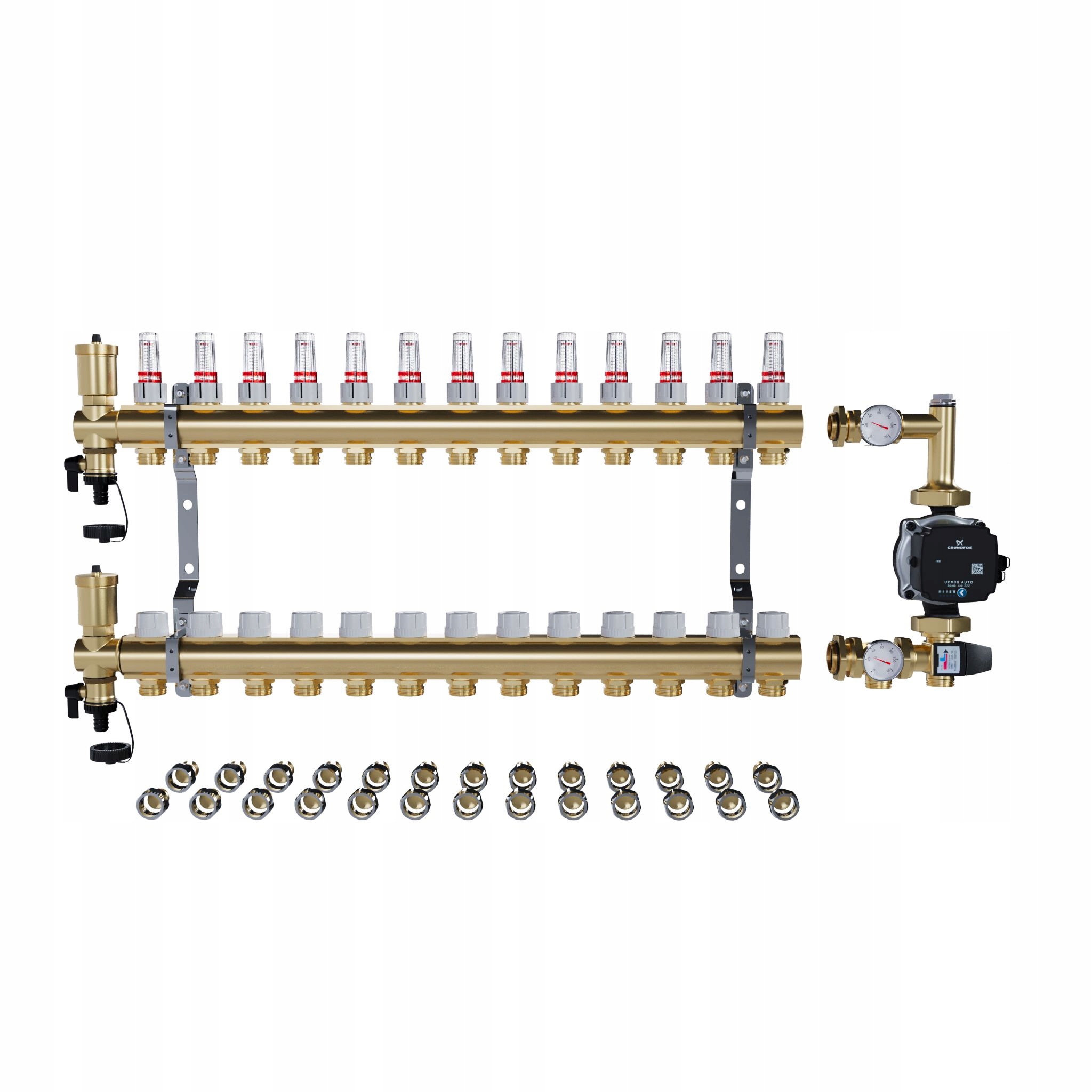 Rozdělovač pro podlahové topení 13 sekcí Spojky Pex+pompa Grundfos