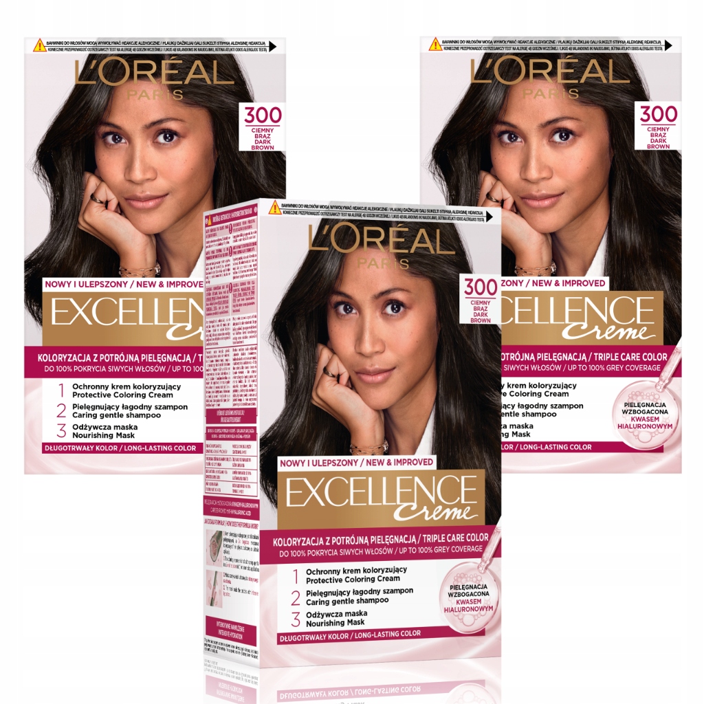 Zestaw 3x L'Oréal Excellence Creme Farba Do Włosów 3 Kolor Ciemny Brąz