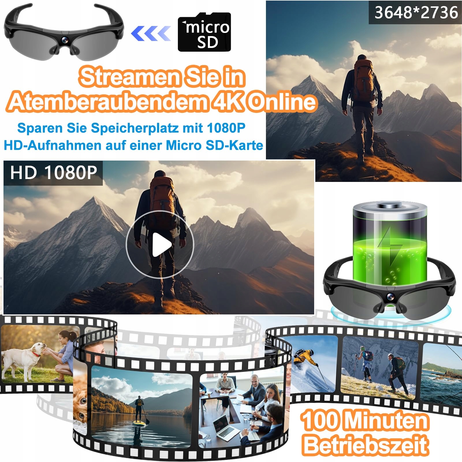 PUDET LUO Kamera Okulary WiFi 4K 120° Obiektyw Sportowa Kamera Akcja — miniatura 4