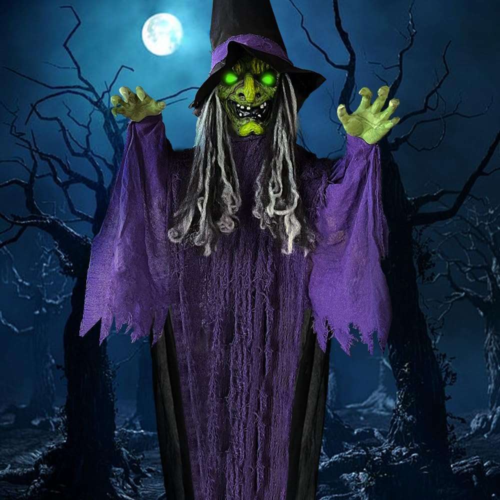 Dekorácia halloweenska závesná čarodejnica s podsvietenými očami 360 cm