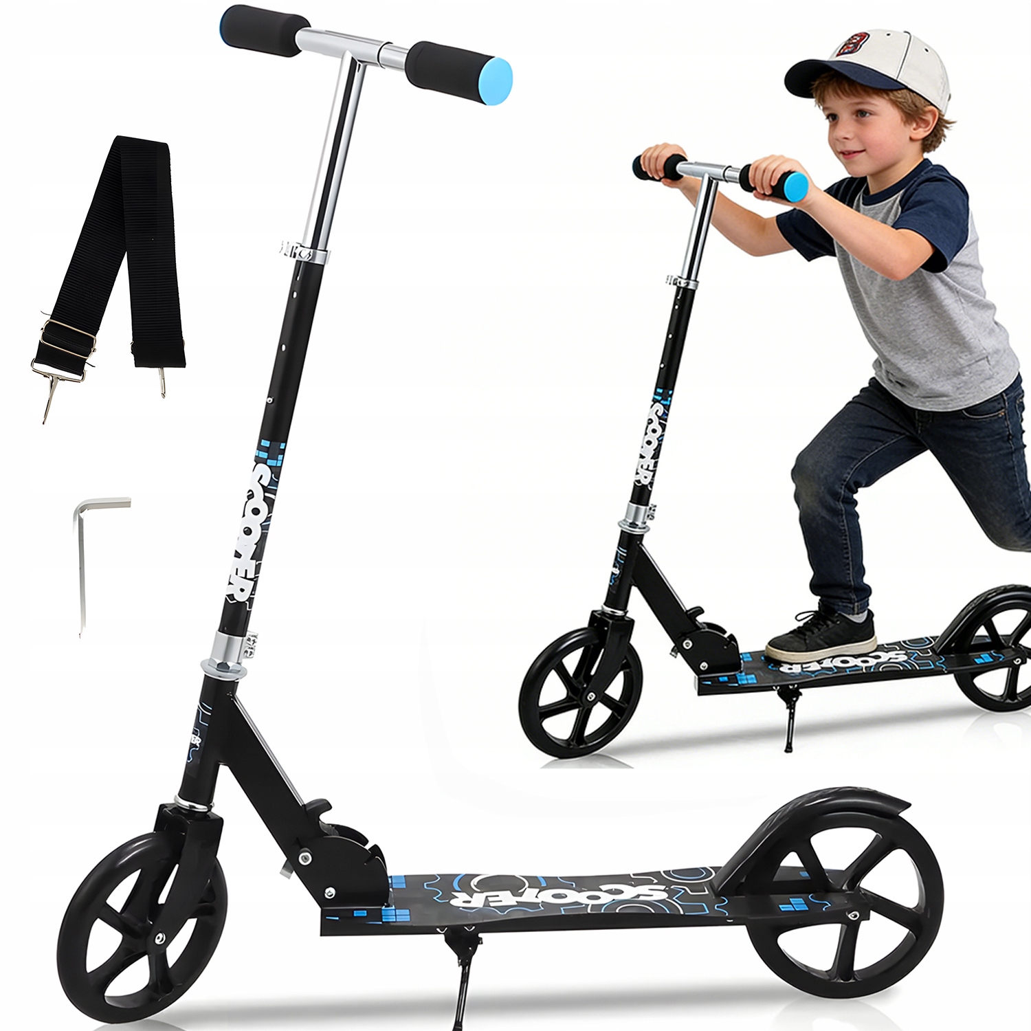 Hulajnoga Duża Składana Konstrukcja Miejska Regulowana Dla Dzieci Czarny