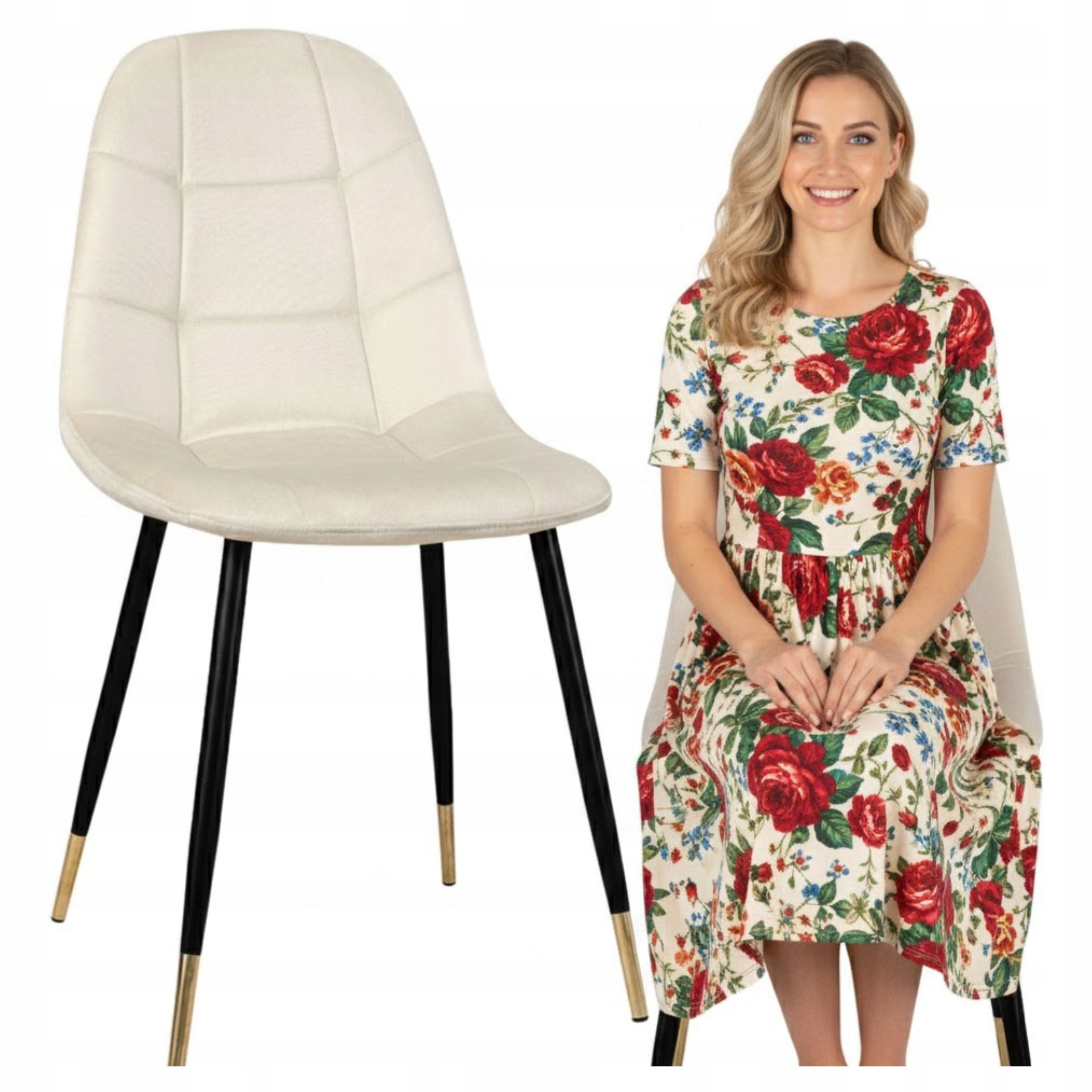 Krzesło tapicerowane welurowe pikowane metalowe nogi do jadalni salonu Loft