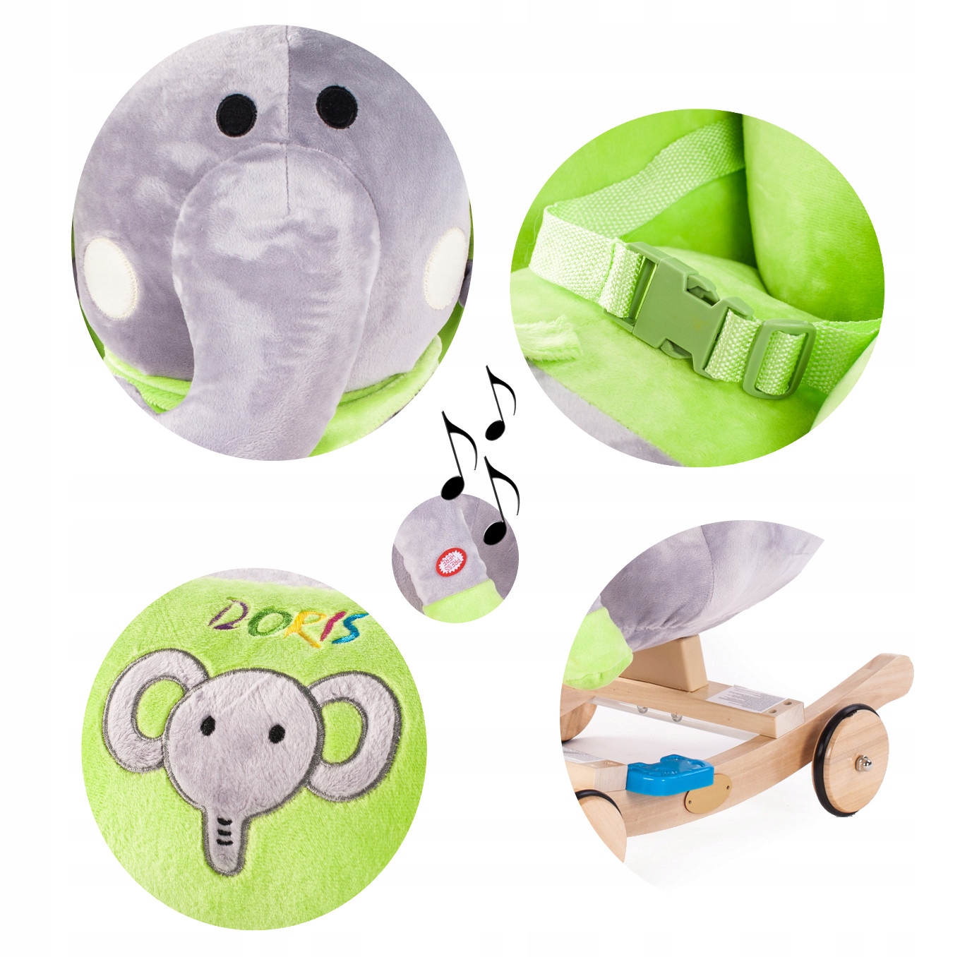 BUJAK KONIK NA BIEGUNACH i JEŹDZIK 2w1 słoń słonik DŹWIĘKI PL płozy koła Materiał drewno tkanina