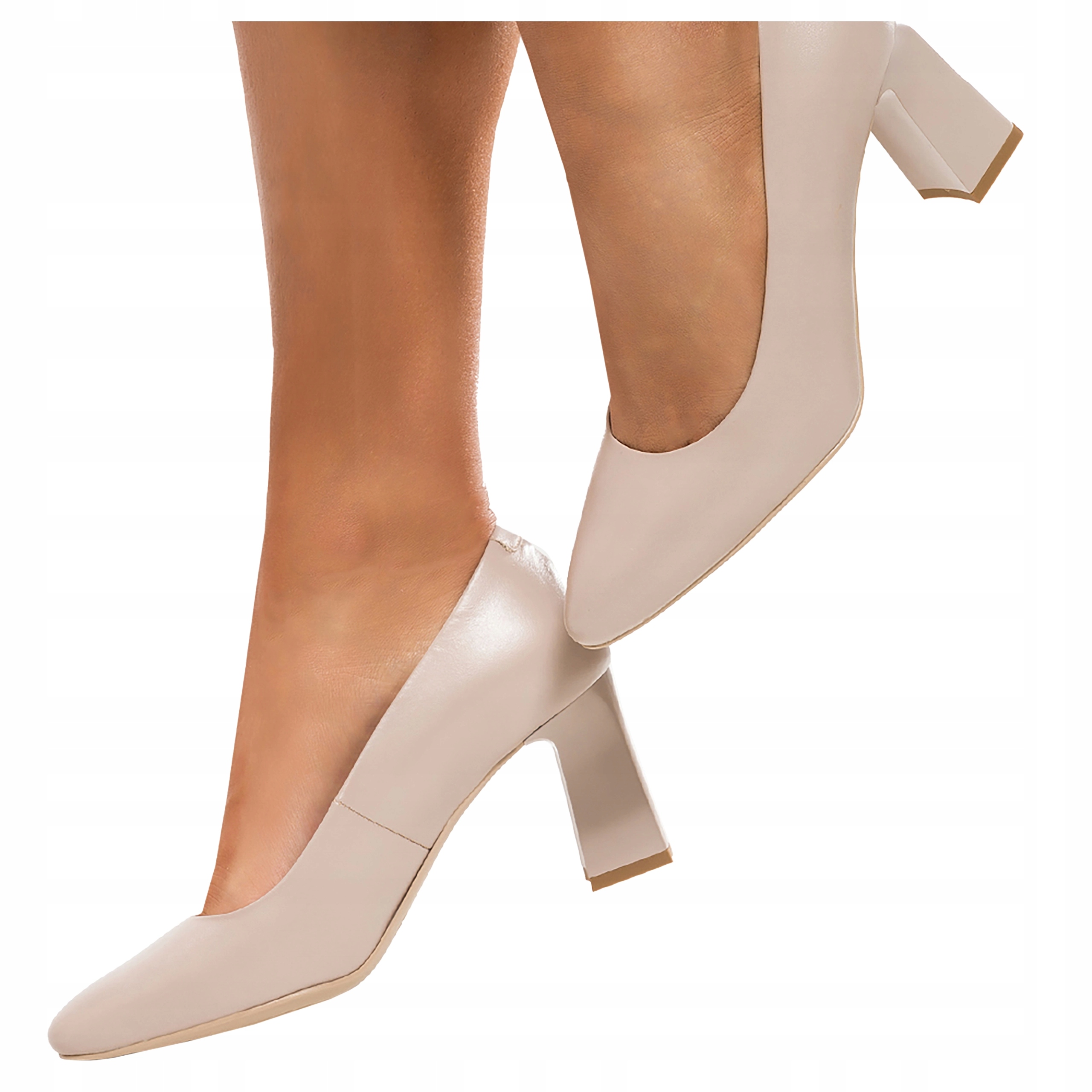 Béžové Dámské Kožené Lodičky Na Podpatku Polský Výrobek, velikost 39