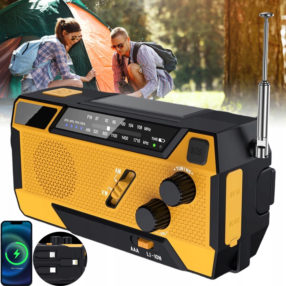Přenosné Nouzové Rádio Fm/am Solární S Klikou Powerbanka Svítilna Dynamo