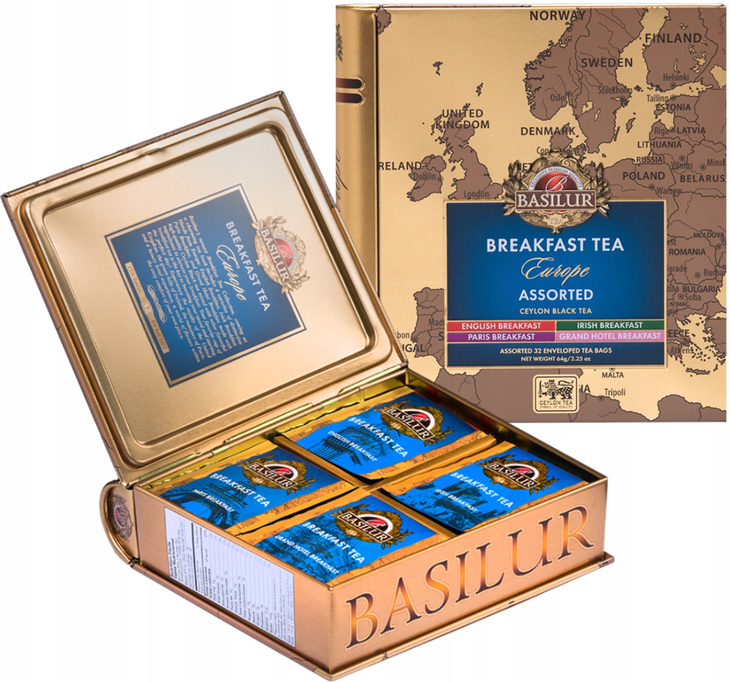 Levně Basilur Breakfast Europe sada čajů 4 Příchutě jako Dárek plechovka 32 ks