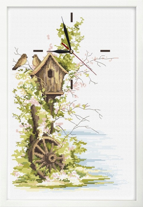 Křížková výšivka Sada s mulinkou, hodinami a rámečkem Jarní hodiny
