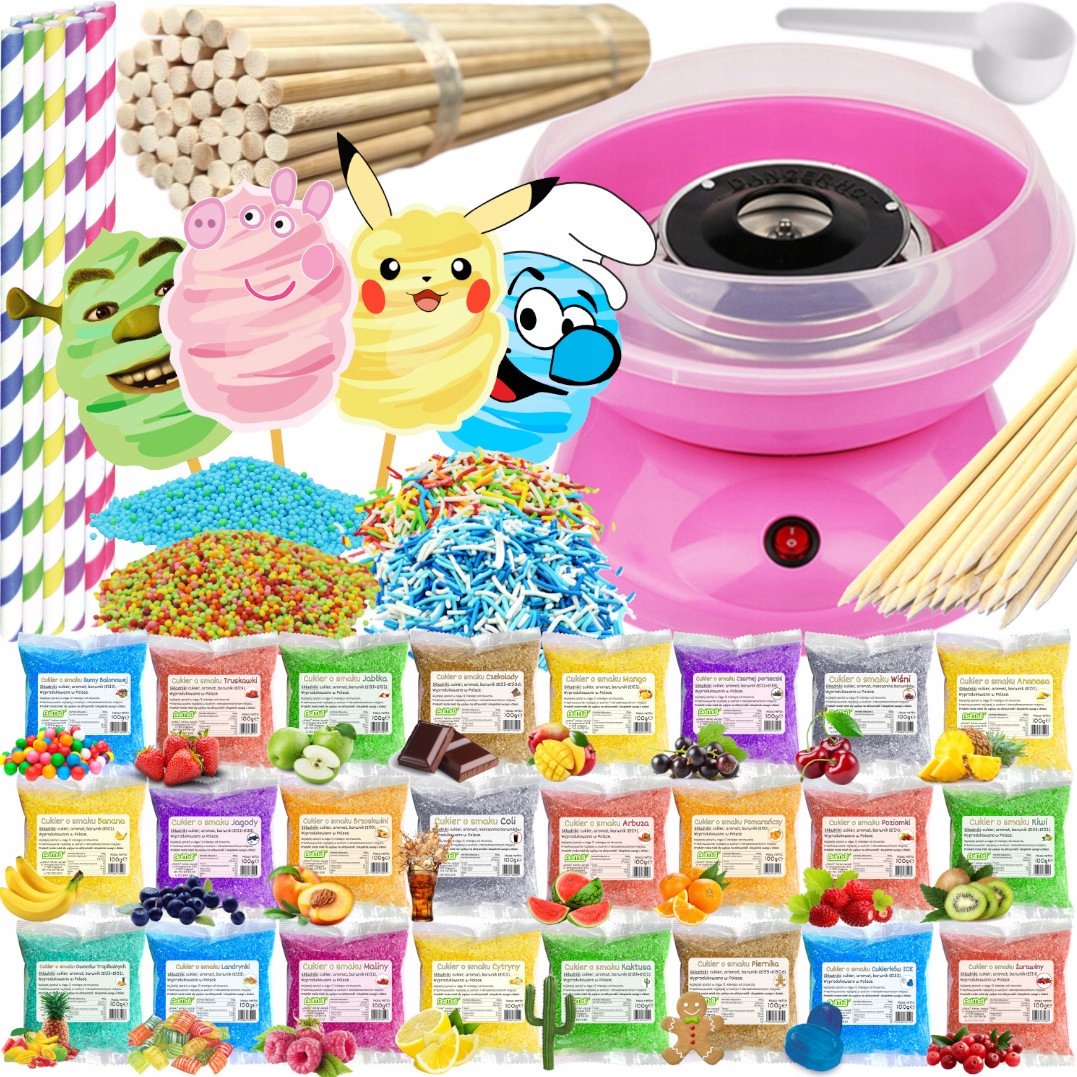 Sada Stroj na cukrovou vatu Cukr 24 x 100 g Sáčky tyčinky posypky