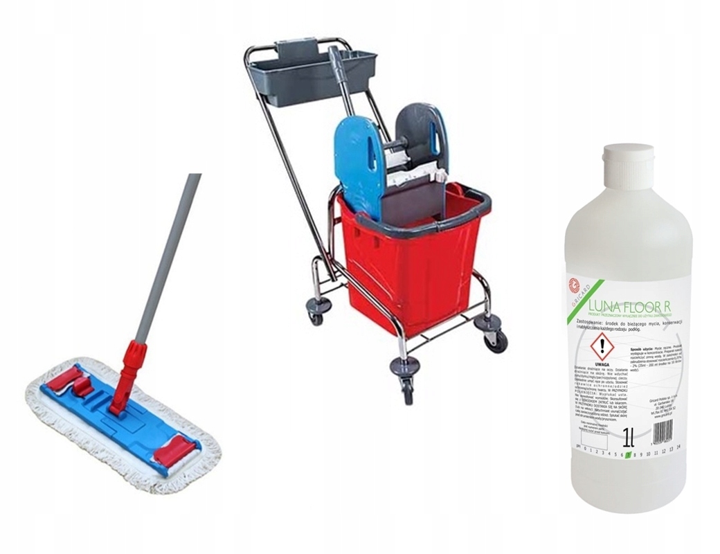 

Zestaw sprzątający Wózek+ Koszyk+ Mop 50 + Płyn 1L