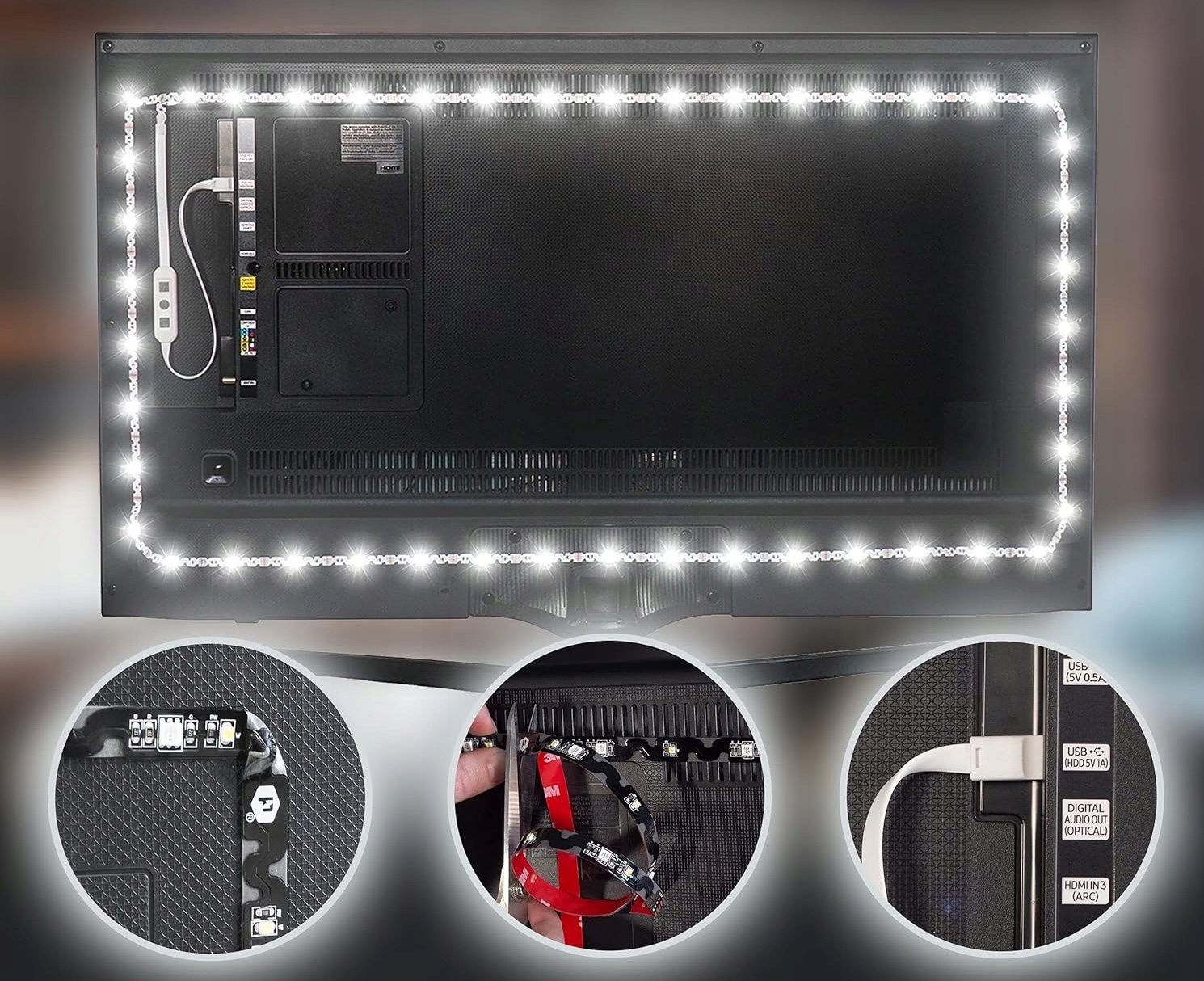 TAŚMA LED 3M RGB USB 5V PODŚWIETLENIE MONITORA TELEWIZORA DO 40 250lm 6500k Stan opakowania oryginalne