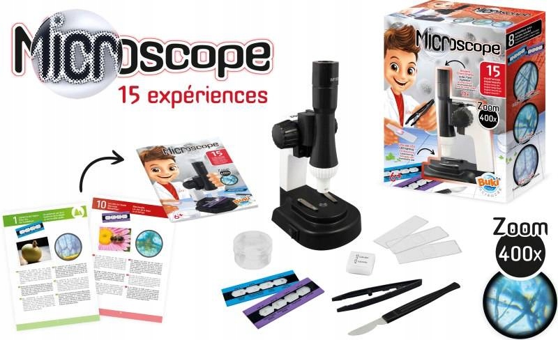 Mikroskop z akcesoriami 15 Doświadczeń Nauka i Zabawa Zoom x400 Buki Marka Buki