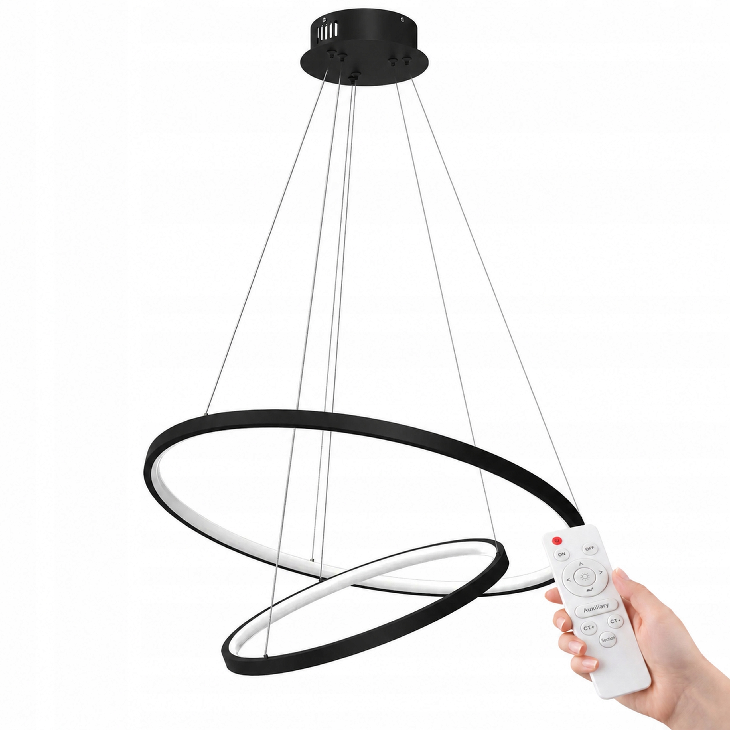 Závěsné Stropní Svítidlo Černá Led Lustr 2 Kroužky Do Obývacího Pokoje S Dálkovým Ovládáním 40 CM