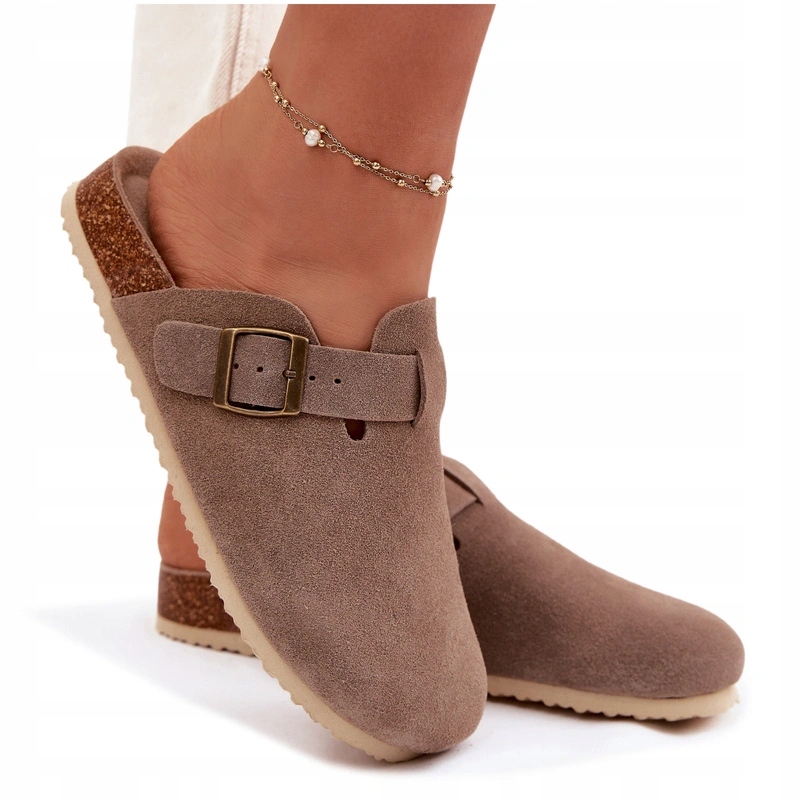 Klapki Damskie Chodaki Skóra Zamszowa Klamra Vinceza 101332 Ciemnobeżowe 40