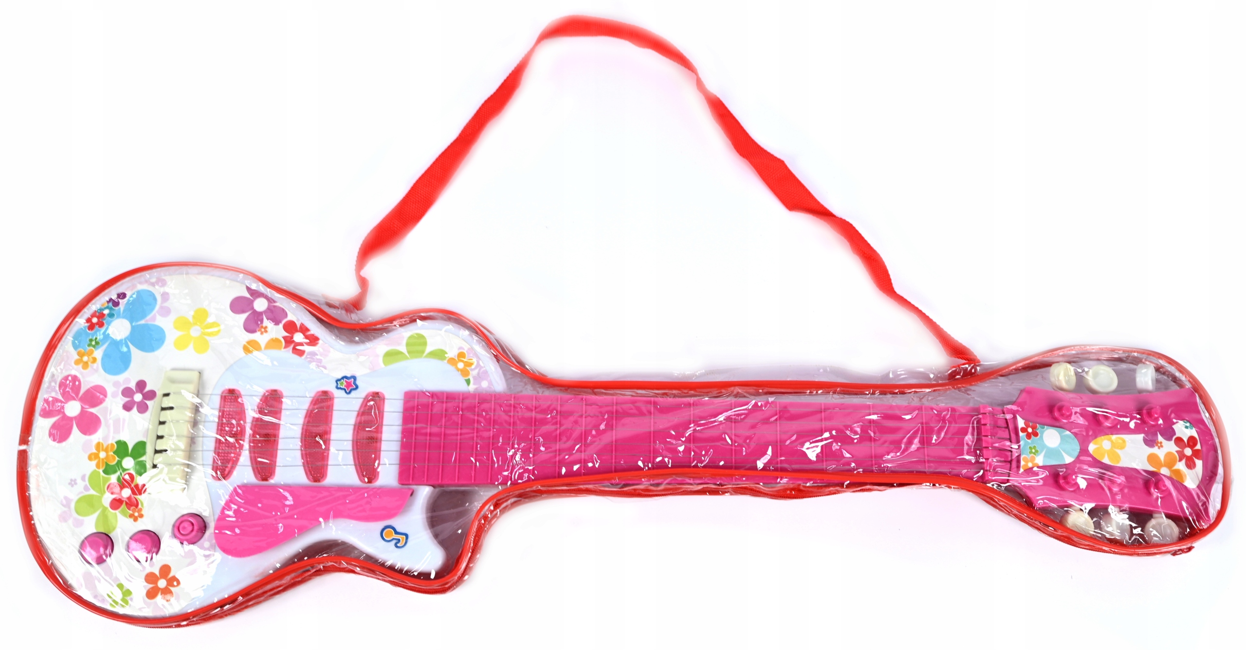 RÓŻOWA GITARA DLA DZIECI INSTRUMENT NA BATERIE ZABAWKA MUZYCZNA 6 STRUN Stan opakowania oryginalne